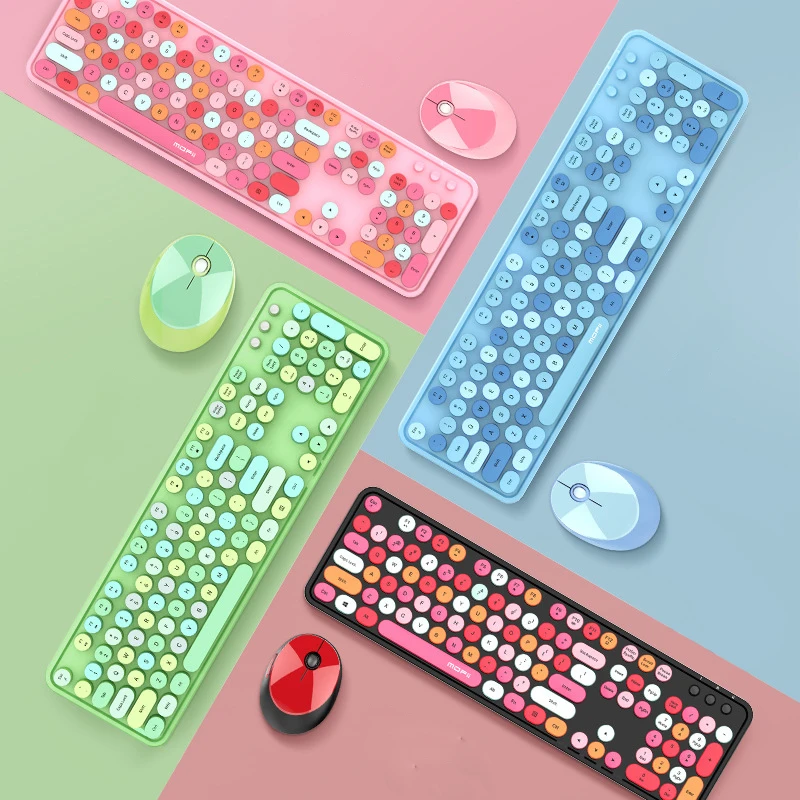 

2 IN 12.4G Wireless Keyboard and Mouse Combos Multimedia Roud Keycap Keyboard and 1600dpi Mouse for Mac Laptop Notebook PC Girl