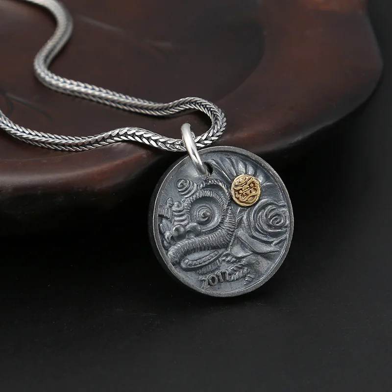 925 Sterling Silver Jewelry Personality DIY Crystal Bracelet 2017 Accessories Retro Dyed Black Lion Round Small Pendant