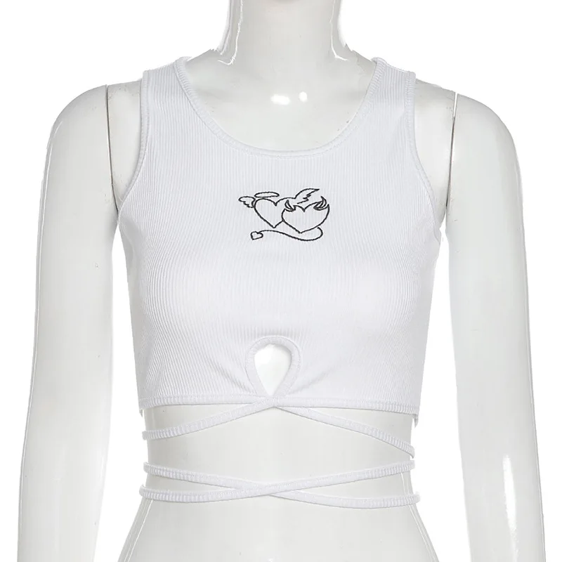 

YICIYA Summer black white O-neck Strappy Women Crop Tops Casual Skinny Solid Tank Tops Girls Embroidery Vests Tees