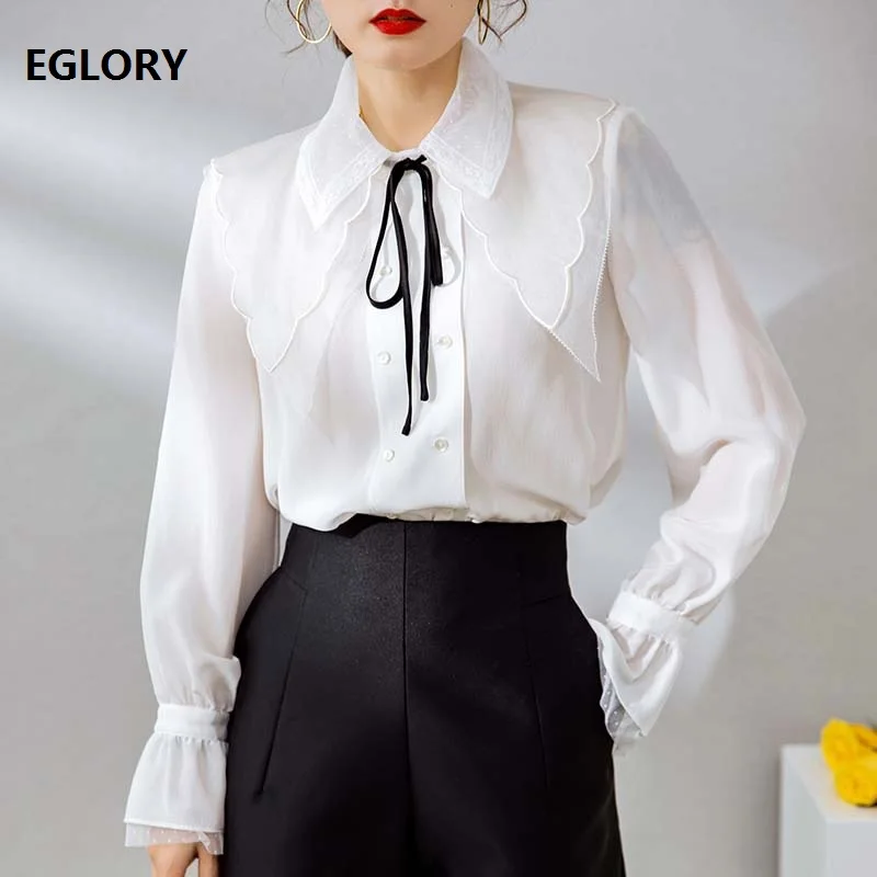 2021 Spring Summer Hot Sale Blouses High Quality Women Turn-down Collar Lace Patchwork Flare Sleeve White Coffee Pure Silk Shirt