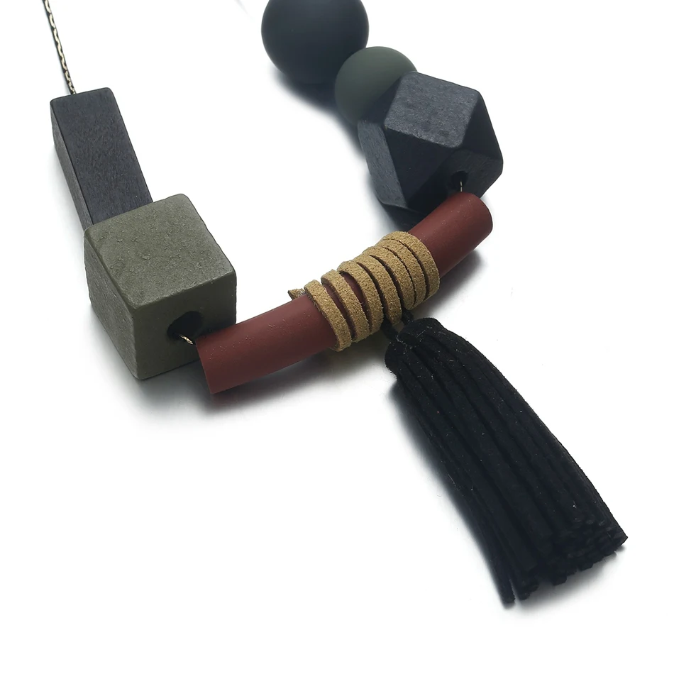 Геометрическое длинное ожерелье с деревянными бусинами для женщин длинные