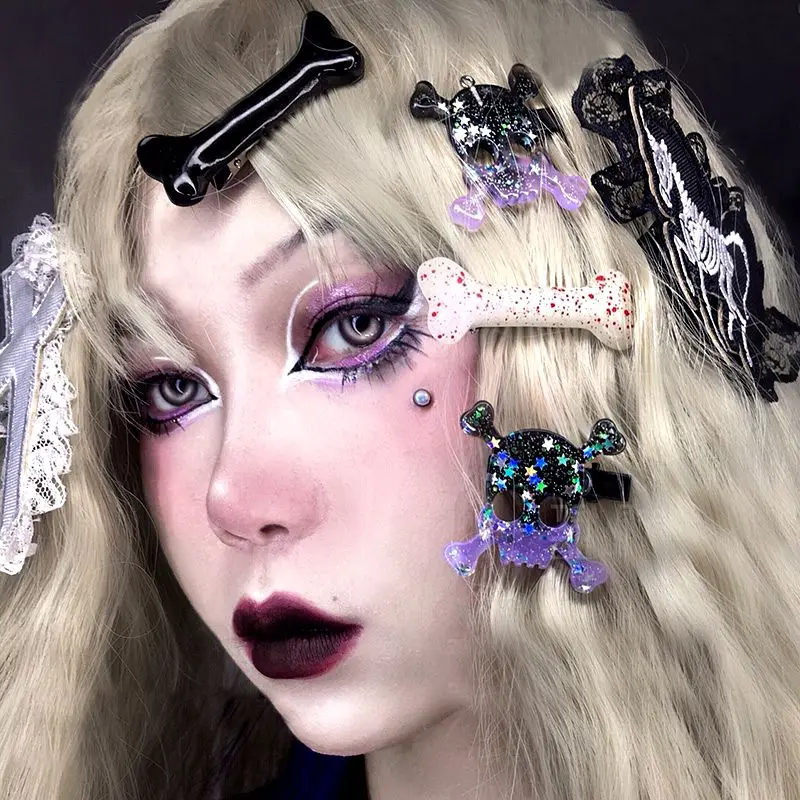 Goth Hair Barrettes Pins Side Clips Skull Bone Cool Girl Hairpin Party Headdress Bangs Punk Halloween Hair Jewelry Accessories