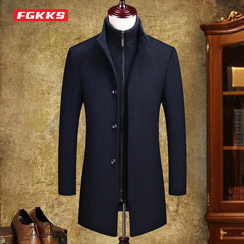 

FGKKS Winter Men's Wool Coat Fashion Solid Color Detachable Thickened Inner Tank Long Overcoat Warm Business Woolen Coat Male