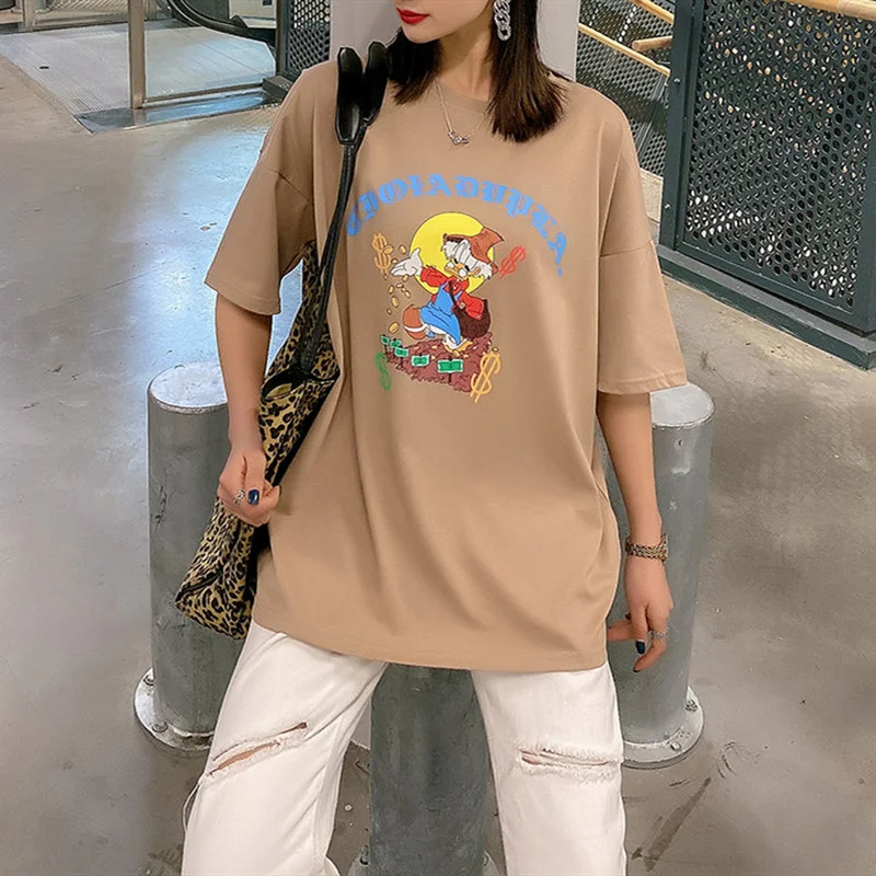 

2021 Summer Women Short Sleeve Cartoon Oversized T Shirt Ultra Soft Crewneck Cotton Casual Tees Tops Plus Size