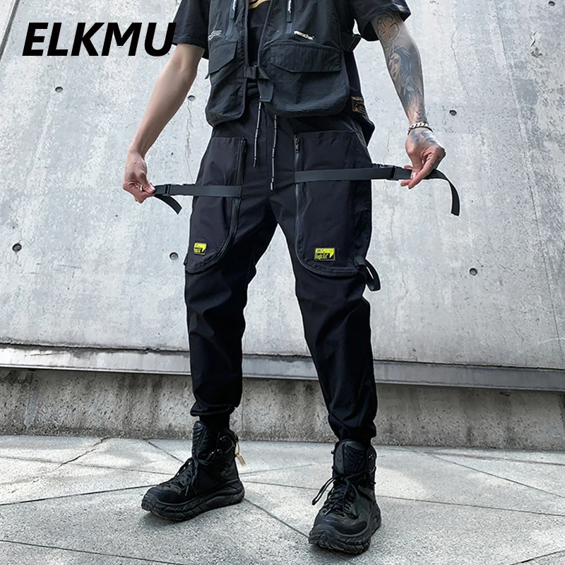 

ELKMU Streetwear Men Tactics Cargo Pants Fashion Joggers Men Harajuku Black Trousers Harem Pencil Pants Pocket Ribbon HE978