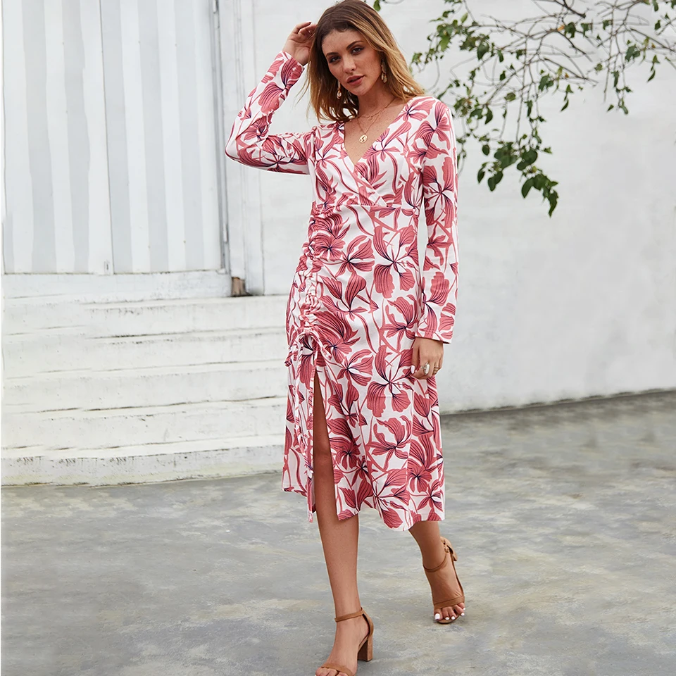 Koodred Women's Fashion Autum Deep V-neck Print Bohemia Sexy Dress Lady Long Sleeves Slim Mid-calf Bandage Split Vantige | Женская