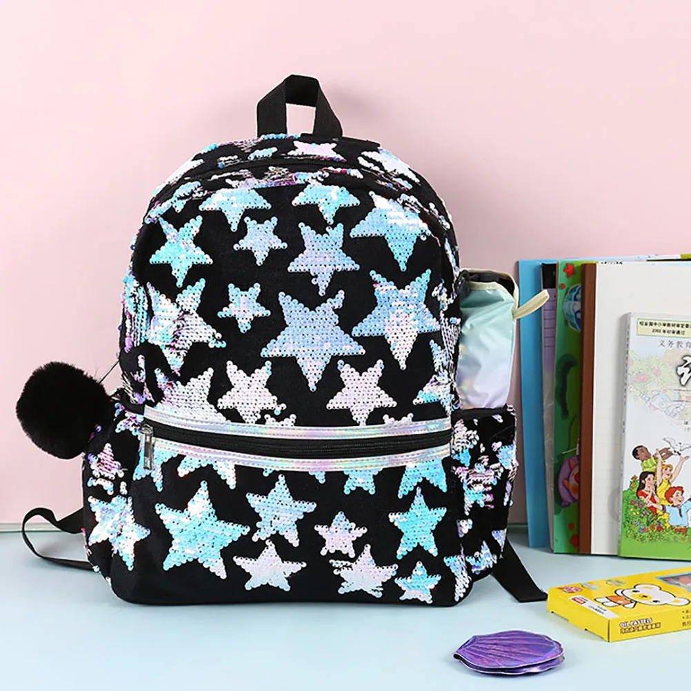 Sequins Star Backpack Women Large Schoolbags for Girls Teenager Student Casual Bag Cute Small Backpack Women Fashion with Pompom