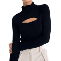 2021 autumn women blouse long sleeve knitted high collar chest hollow out slim pullover for lady clothes