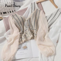 pearl diary women casual blouses spring autumn cotton crochet buttons front tops chiffon sleeve casual holiday beach cover up
