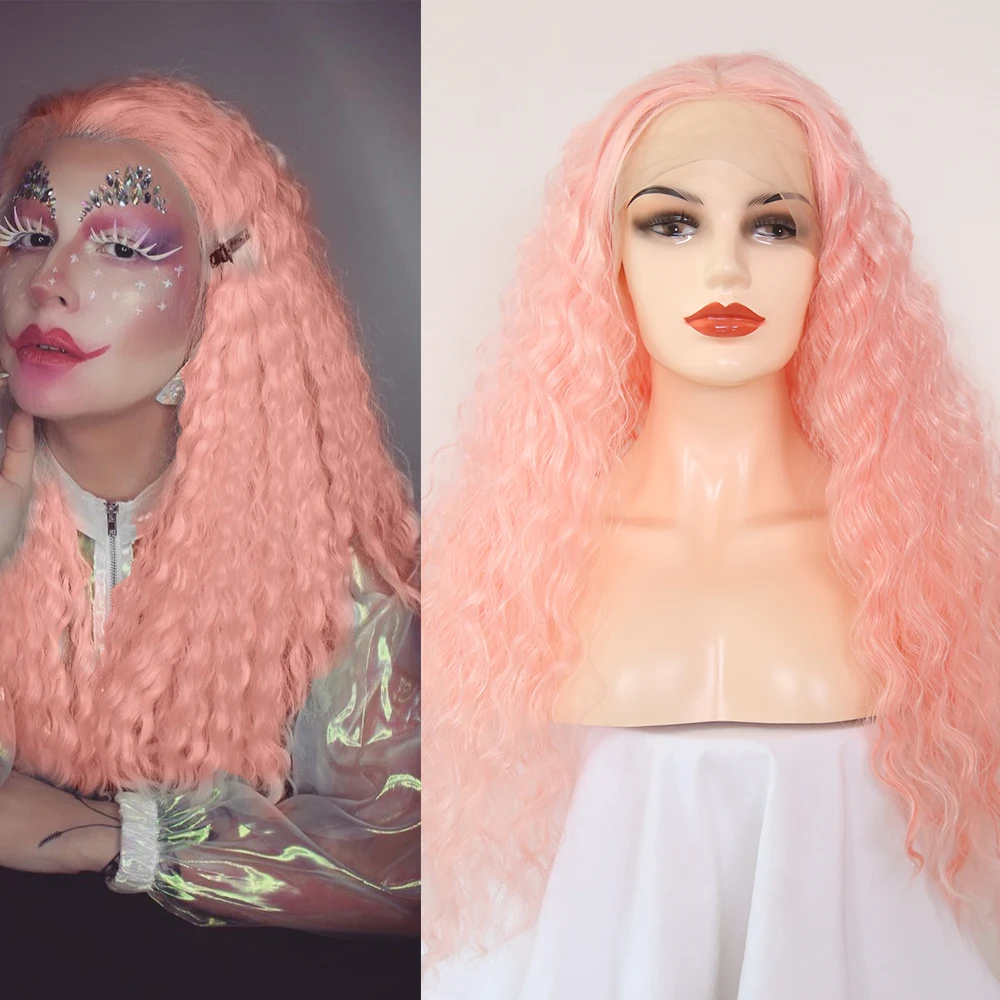 

QUINLUX WIGS Pink Curly Long Wigs Synthetic Lace Front Hair High Temperature Heat Fiber Lolita Wig For Black Women Cosplay Game