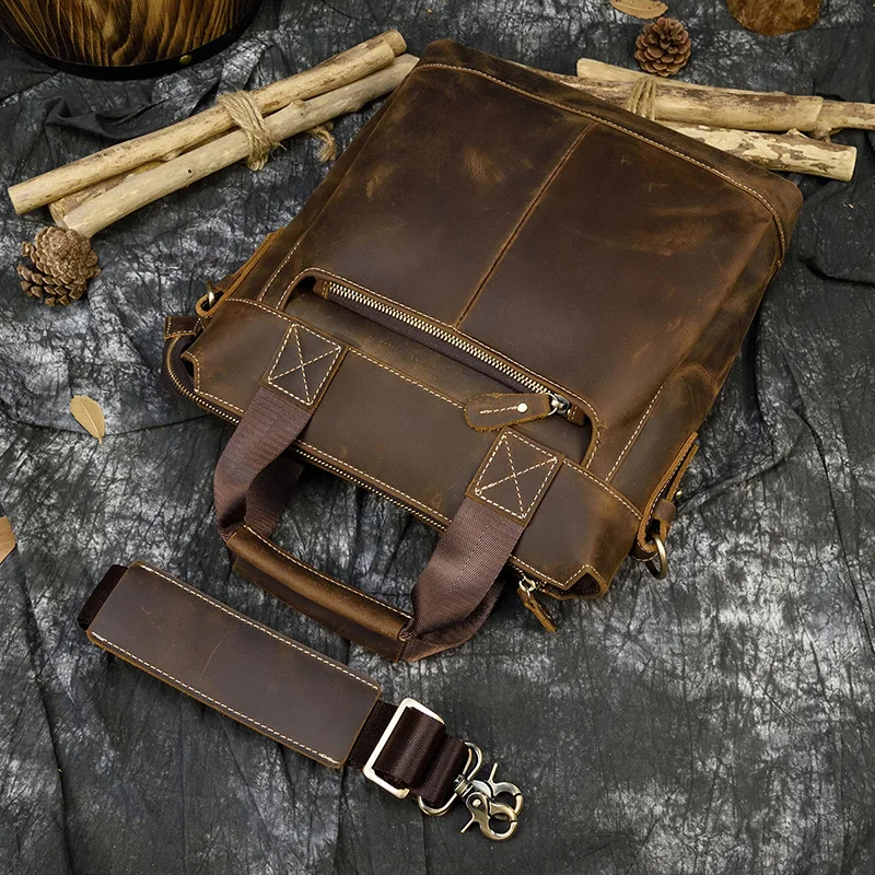 Мужская винтажная деловая сумка из натуральной кожи А4 через плечо коричневая