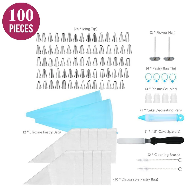 

Meibum 100 Pcs Cake Decorating Tools Icing Piping Tips Cream Bag Pastry Nozzles Converter Confectionery Cupcake Dessert Baking