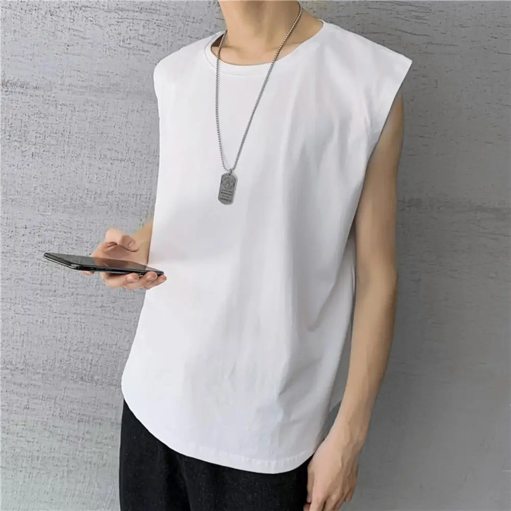 Мужская Летняя однотонная дышащая футболка без рукавов с круглым вырезом