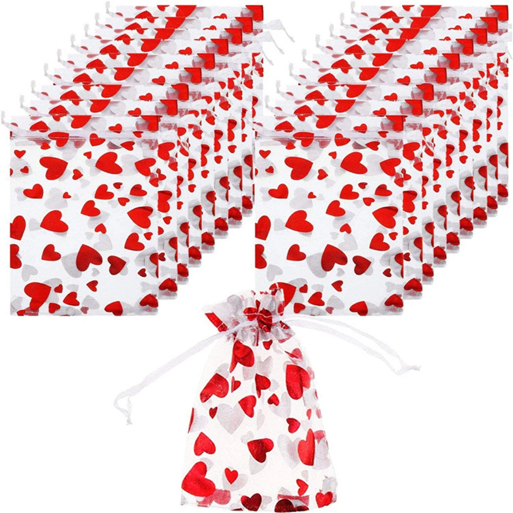 

100pcs / Bag Organza Drawstring Bags Jewelry Mesh Gift Bags Valentine's Day Love Heart Gift Container Candy Bag Package