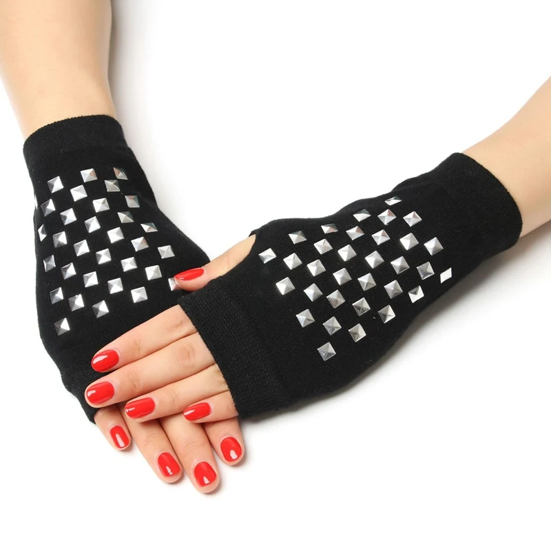 

Winter Black Fingerless Gloves For Women Men Willow Nails Five-pointed Star Rhinestone Animal Gloves Mittens Dropship Wholesale