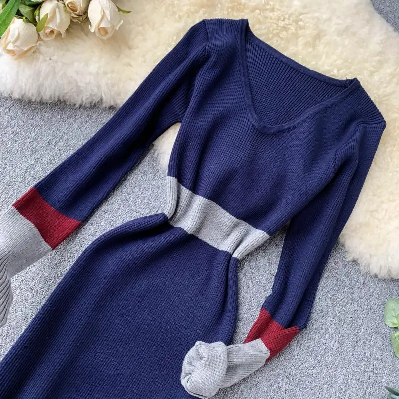 ALPHALMODA осеннее Новое винтажное вязаное платье женское цветное Элегантное зимнее платье с длинными рукавами вязаное платье-футляр