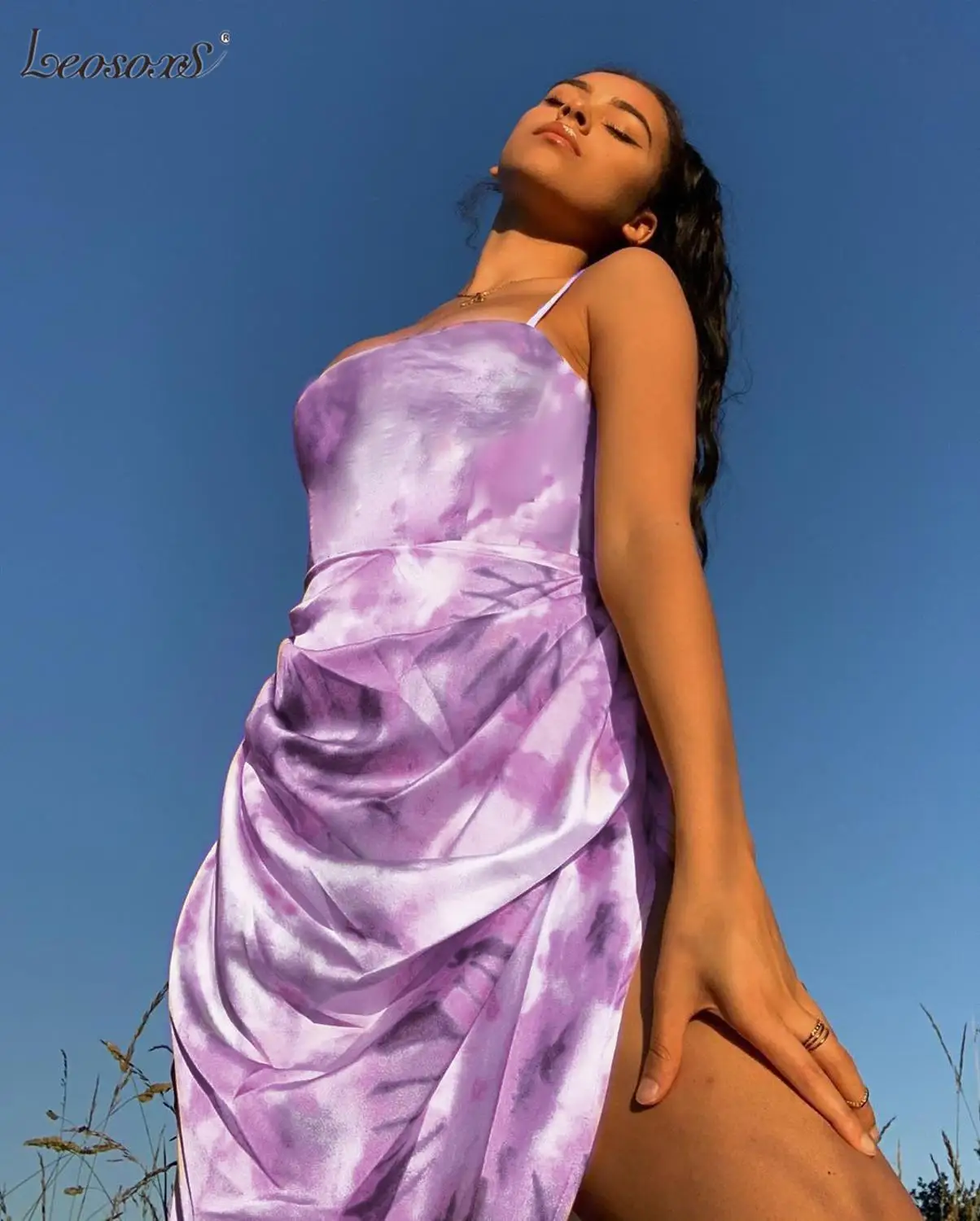 

Tie Dye Ruched Women Midi Dress Strap Bodycon Bandage Slit Sexy Party Elegant 2020 Summer Sundress Clothes Streetwear Sundress