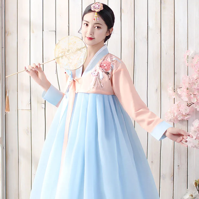 Female New Korean Traditional Clothing Fairy Dress Women Stage Performance Fluffy Costume Multicolor Hanbok Folk Top Skirt Sets