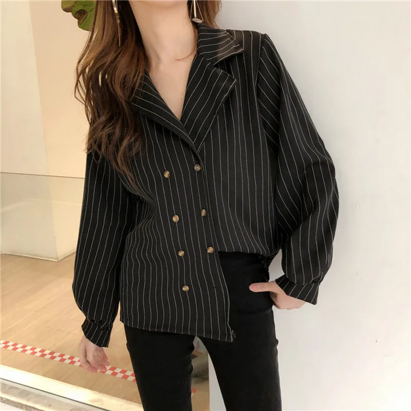 Женская блузка в полоску JuneLove весенняя двубортная Корейском стиле | одежда