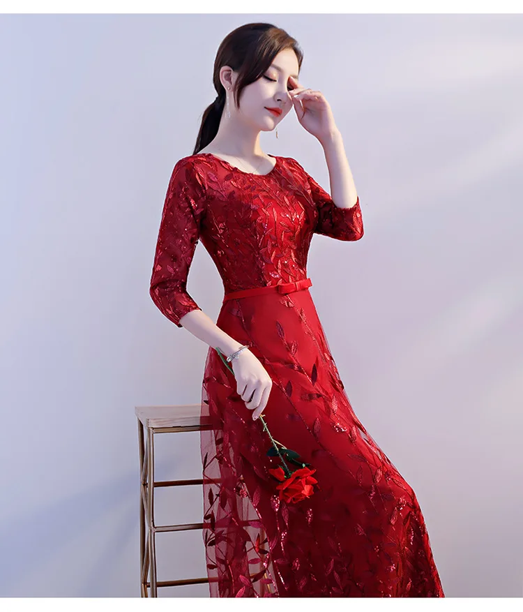 

Sequins wedding dress Elegant large size Women Floor Length Cheongsam Classic Embroidery wine red Qipao Stage fashion Show