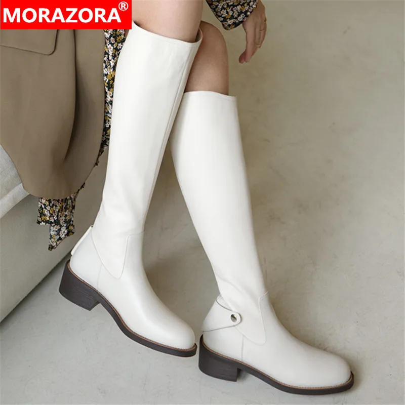 

MORAZORA 2021 Genuine Leather Boots Med Heels Round Toe With Zip Knee High Boots Solid Color Winter Women Boots Black Rice White