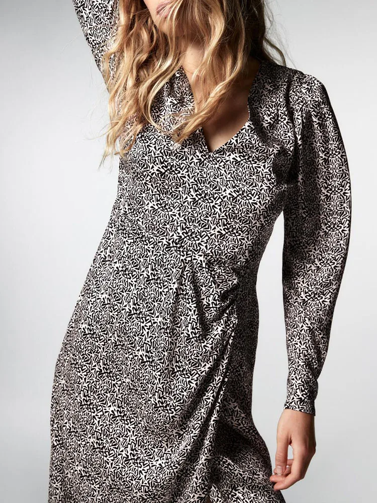 

ZA autumn new women's temperament all-match retro print V-neck long-sleeved holiday style midi dress with side slits