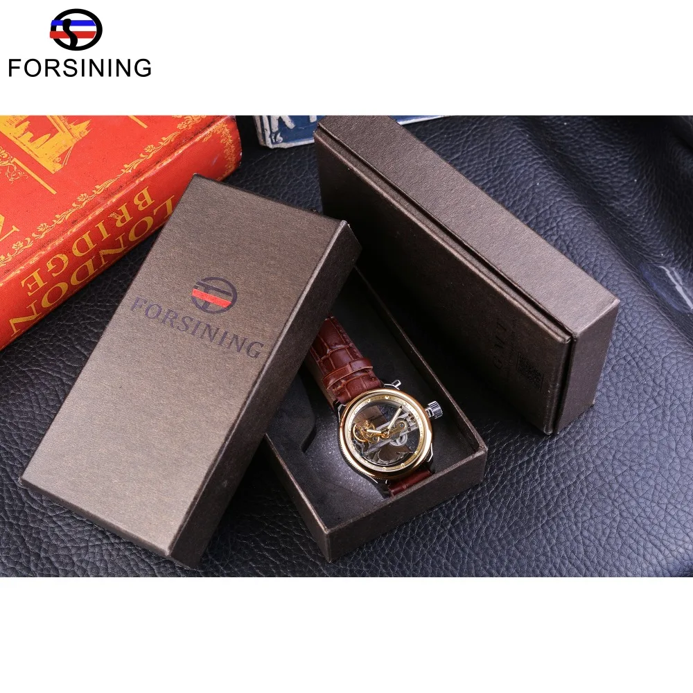 

Forsining Transparent Brown Leather Belt Steampunk Classic Modern Design Mens Automatic Skeleton Wrist Watches Top Brand Luxury