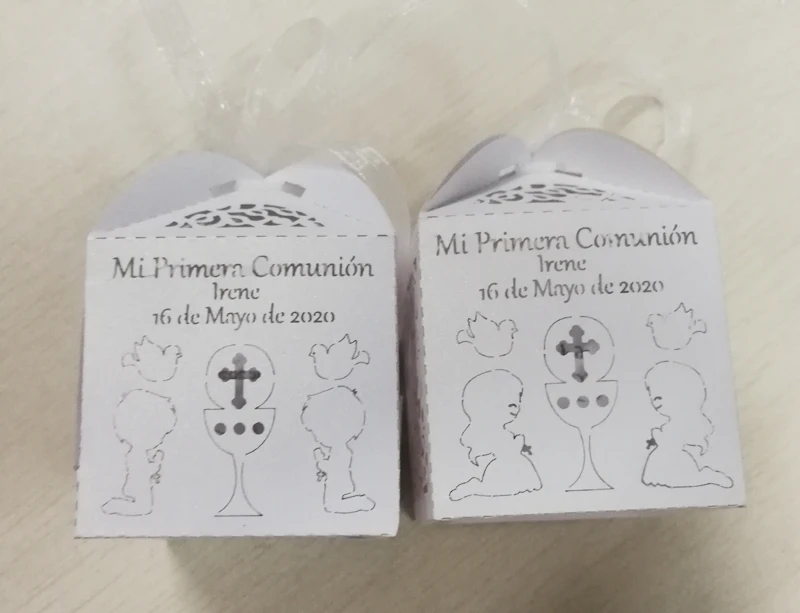 50 штук, персональная коробка для конфет Mi Primera Comunion, на заказ, с именем, для свиданий, для мальчиков и девочек, для Первого Святого Причастия, коробочка для конфет на вечеринку