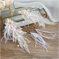 feather flower hair decoration leaf bride tiara headdress earrings sets immortal temperament party bride hair accessories