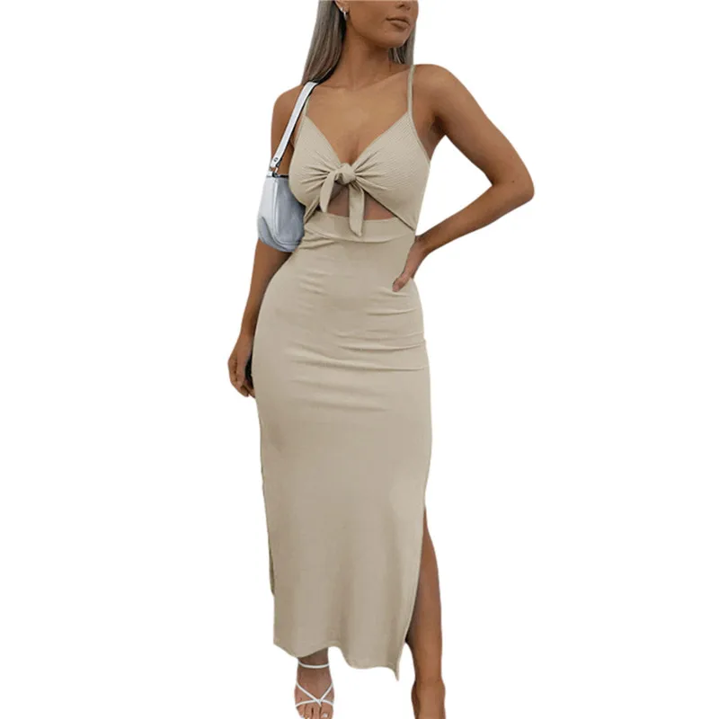 

New Arrival Womens Dresses Spaghetti Strap Hollow Out Maxi Dress Knot Front Split Cami Bodycon Dress Tight Knitting Dresses