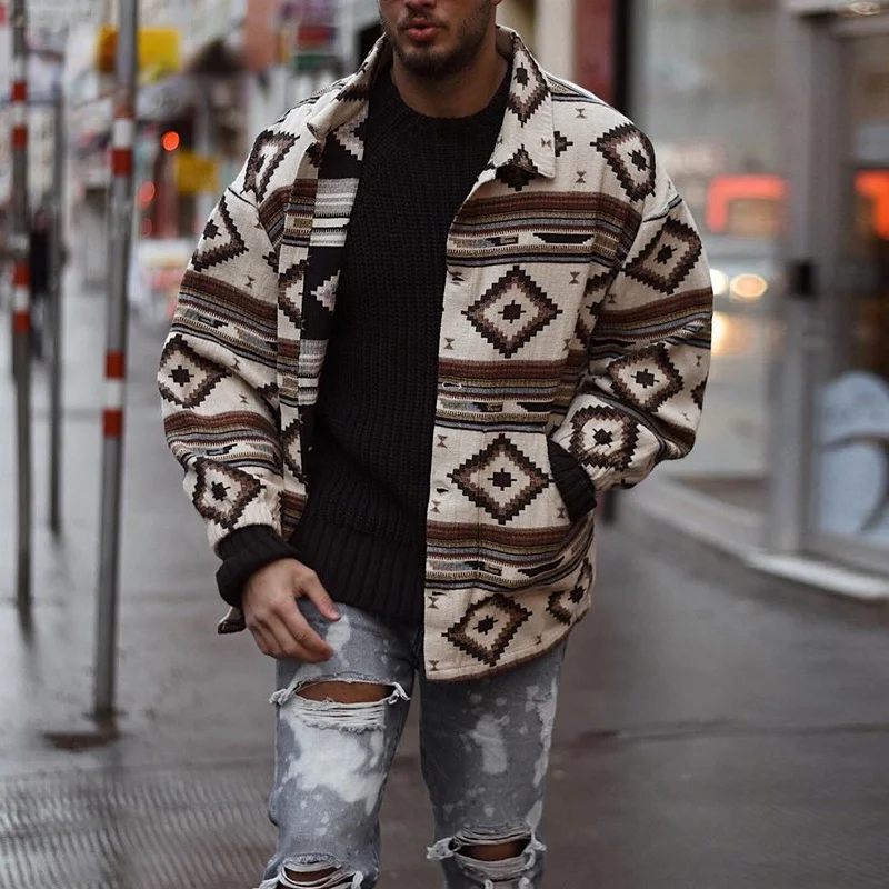 

2021 Men's Streetwear Vintage Pattern Printed Thick Shirts Autumn Winter New Fashion Zipper Cardigan Tops Stand Collar Shirt