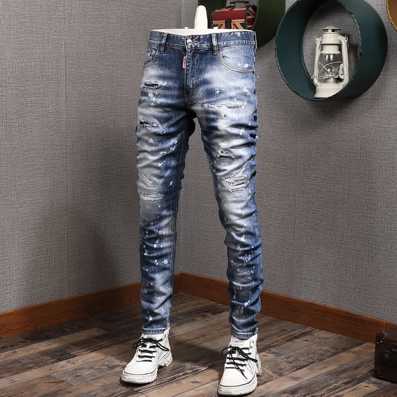 Italian Style Fashion Men Jeans Retro Light Blue Elastic Slim Fit Ripped Jeans Men Brand Designer Splashed Hip Hop Denim Pants