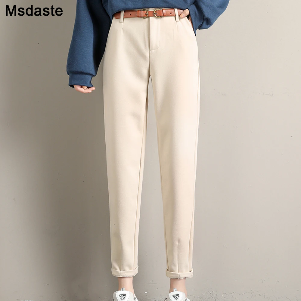 

Шерстяные шаровары для женщин, осенне-зимняя одежда 2020, Новые повседневные корейские женские брюки с высокой талией, женские теплые утеплен...