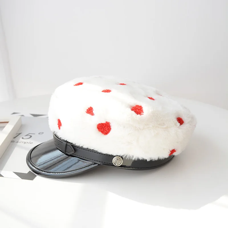 USPOP New winter caps women heart embroidery newsboy velvet octagonal hat PU brim patchwork female thick warm hats | Аксессуары для