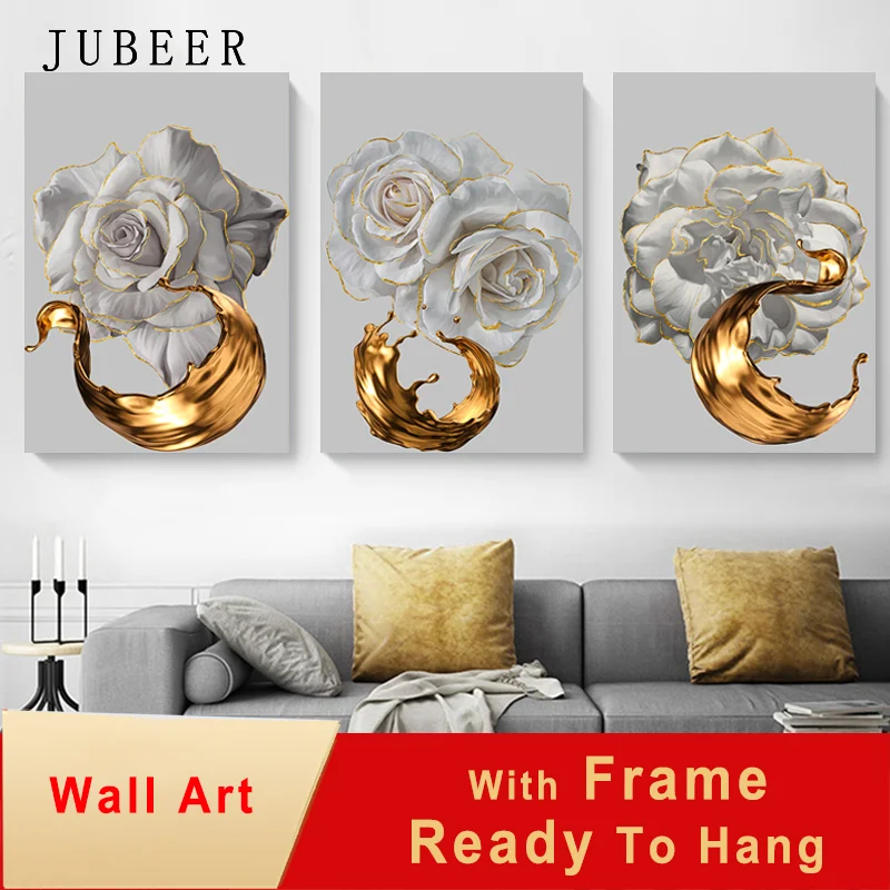 

White Rose Flower Framed Picture Golden Ink Splash Abstract Poster Nordic Art Canvas Painting with Frame for Living Room Decor