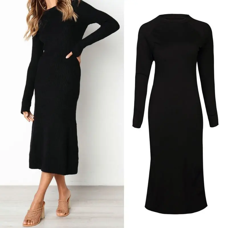 

Women Autumn Long Sleeve Ribbed Knitted Slim A-Line Dress Solid Color Round Neck Midi Long Winter Warm Basic Streetwear