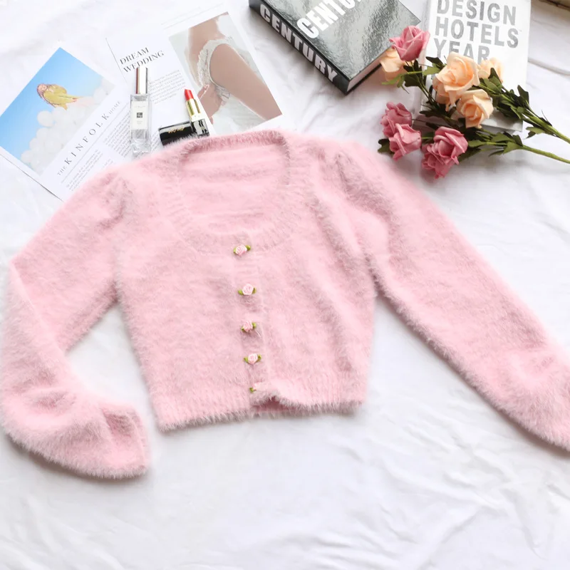 

Fall long sleeve top woman sweaters korean knitted cropped cardigan women Christmas sweater vintage flower cardigan fuzzy