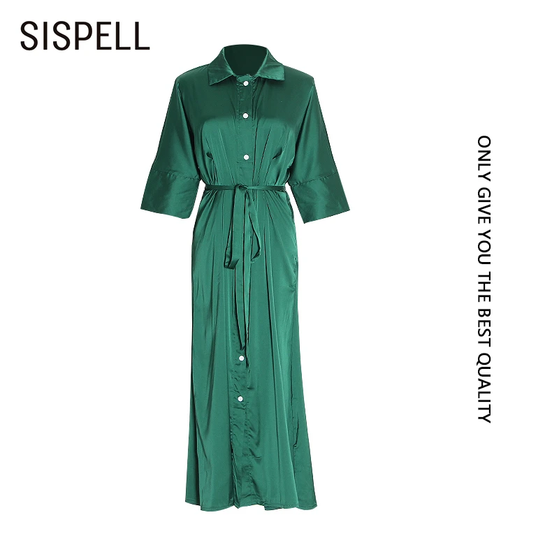 SISPELL Pure Color With Belt For Female Dress Lapel Collar Short Sleeve High Waist Slim Women's Casual 2020 Fahion Tide | Женская