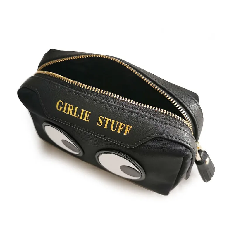 Small cosmetic bag silver fashion black eyes smile leather lovely receive bag nylon fabric wash gargle bag