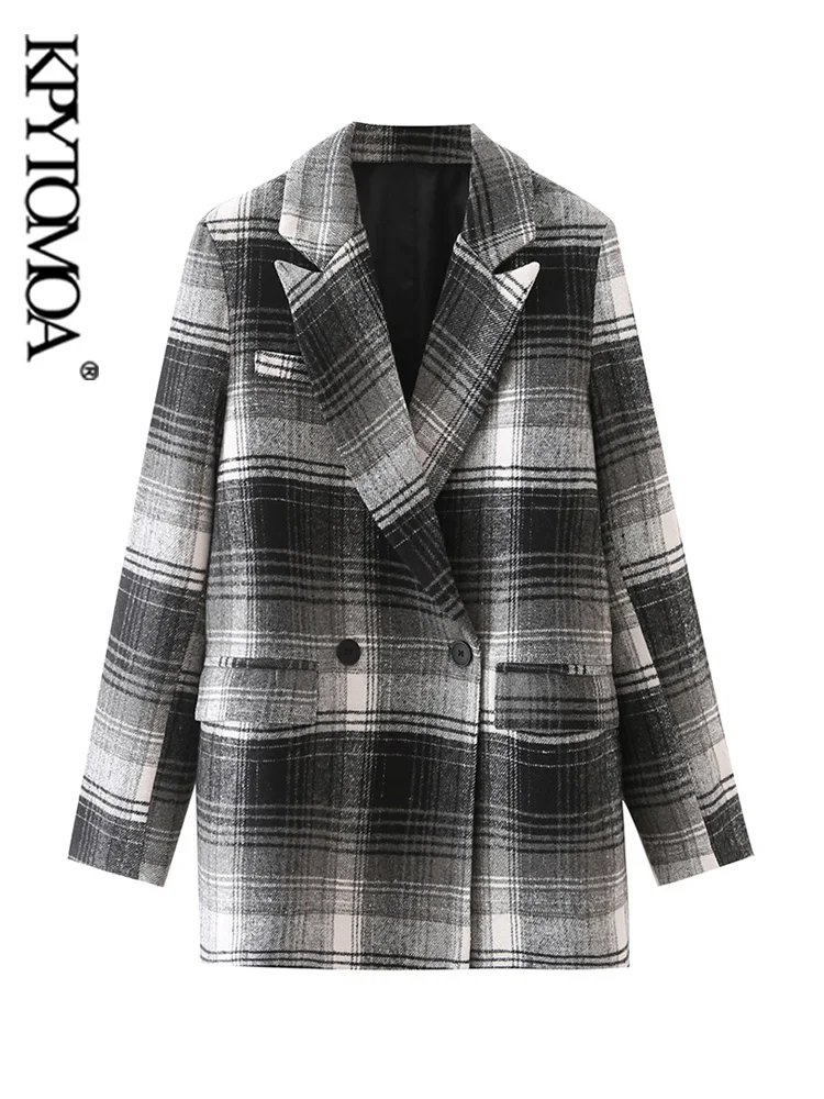 

KPYTOMOA Women Fashion With Buttons Checked Tweed Blazer Coat Vintage Long Sleeve Pockets Female Outerwear Chic Veste Femme