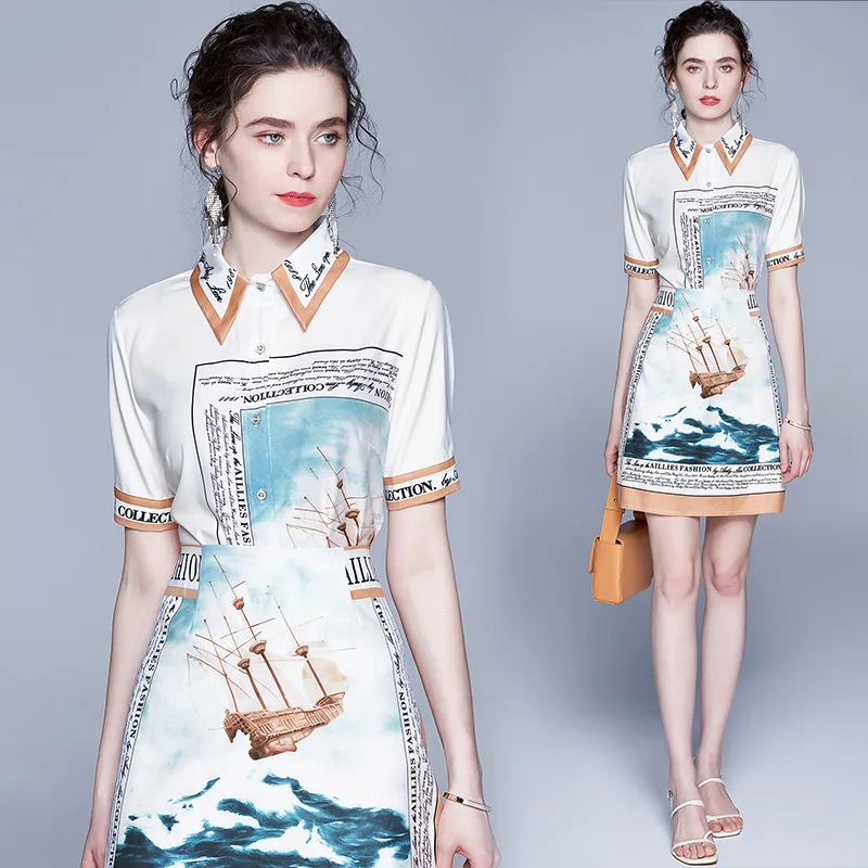 Verano fresco traje impreso faldas mujeres 2 piezas de alta cintura de dos piezas Streetwear Bodycon Oficina negocio vaina Vestido