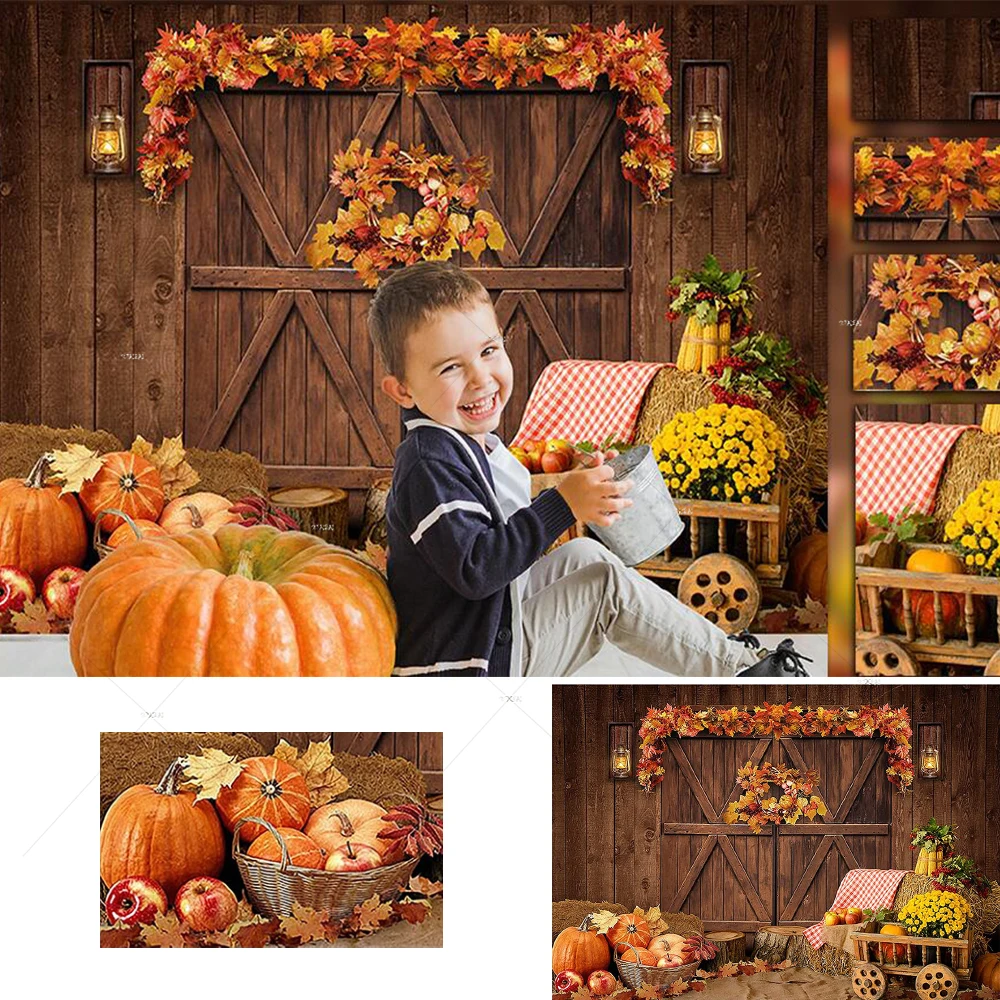 

Fall Thanksgiving Photography Backdrop Rustic Wood Door Harvest Autumn Background Pumpkins Maple Kids Baby Portrait Photoshoot