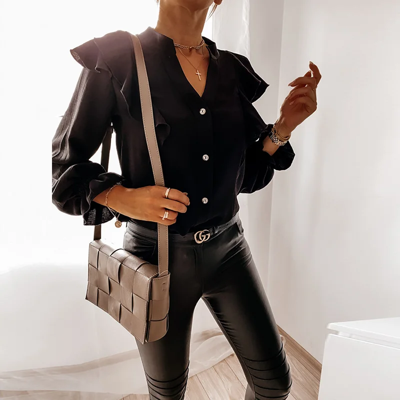 

2020 Autumn Winter New V Neck Ruffle White Blouse Elegant Long Sleeve Buttons Female Shirts Casual Loose Blouse Blusas Plus Size