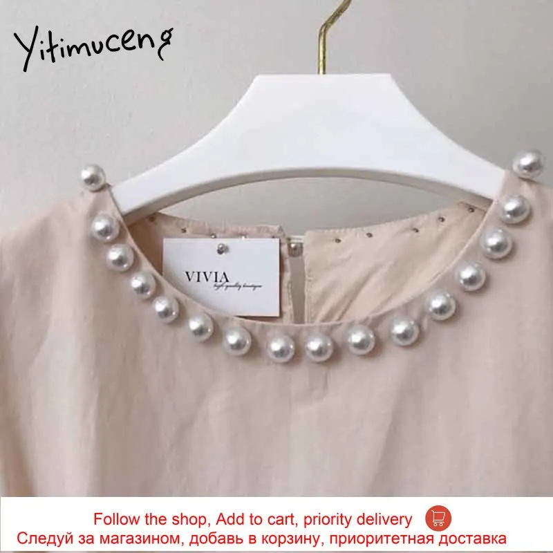 

Yitimuceng Midi Dresses for Women Pearl Slim Puff Sleeve Office Lady A-Line Unicolor Apricot Sundress 2021 Summer New Dress