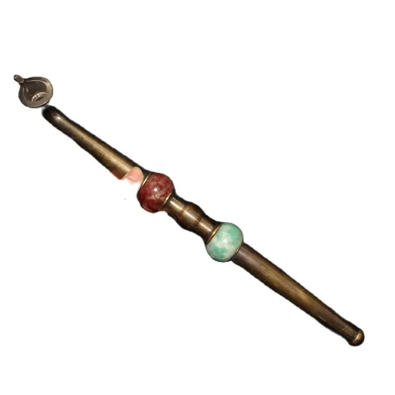 

Chinese Old Craft Brass Inlaid Old Jade Finger Pipe