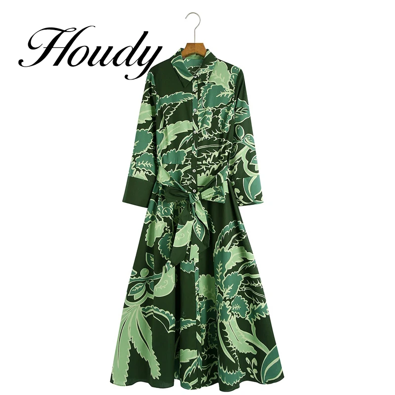 

Women Vintage Contrast Color Totem Floral Print Bow Sashes Shirt Dress Female Three Quarter Sleeve Chic Vestidos