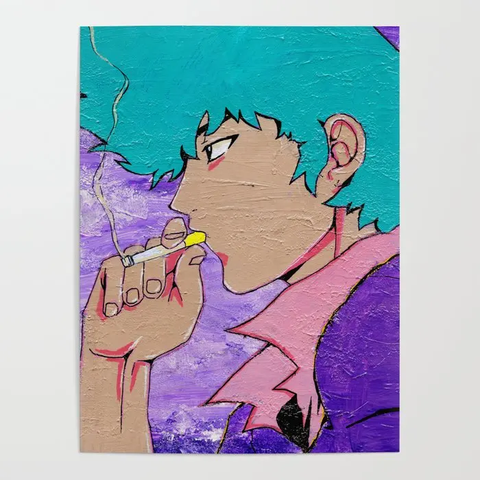 Японские Аниме голубые волосы ковбой печать на холсте Bebop плакат украшение для