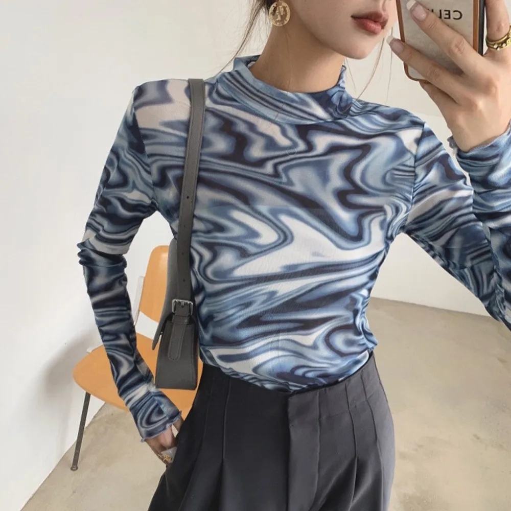 

Y2K Tie Dye Blue Mesh Long Sleeve Turtleneck Shirt Cool Girl Streetwear Punk Rock Fashion Art Thin Bodycon Shirt Pullover Tops