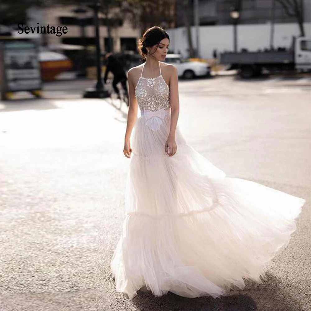 

Sevintage 2020 Halter Lace Beach Wedding Dresses with Bow Backless Bohemia Bridal Gowns Bride Dress vestidos de festa