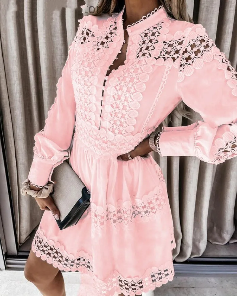 

Women Hollow Out Plain Long Sleeve Shirt Dress Casual Dress Summer Mini Dress